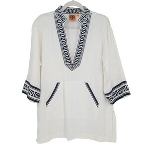 Tory Burch Linen Tunic Cover Up Women S White Navy Embroidered Coastal Resort